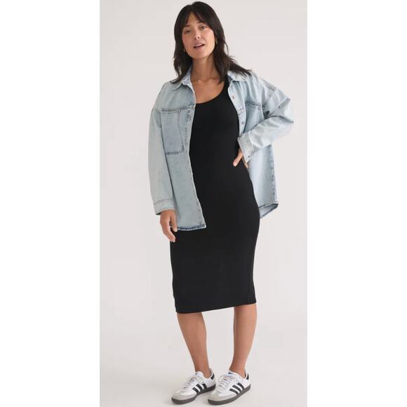 Marine Layer Lexi Rib Long Sleeve Midi Dress Black Womens Medium - Picture 1 of 13